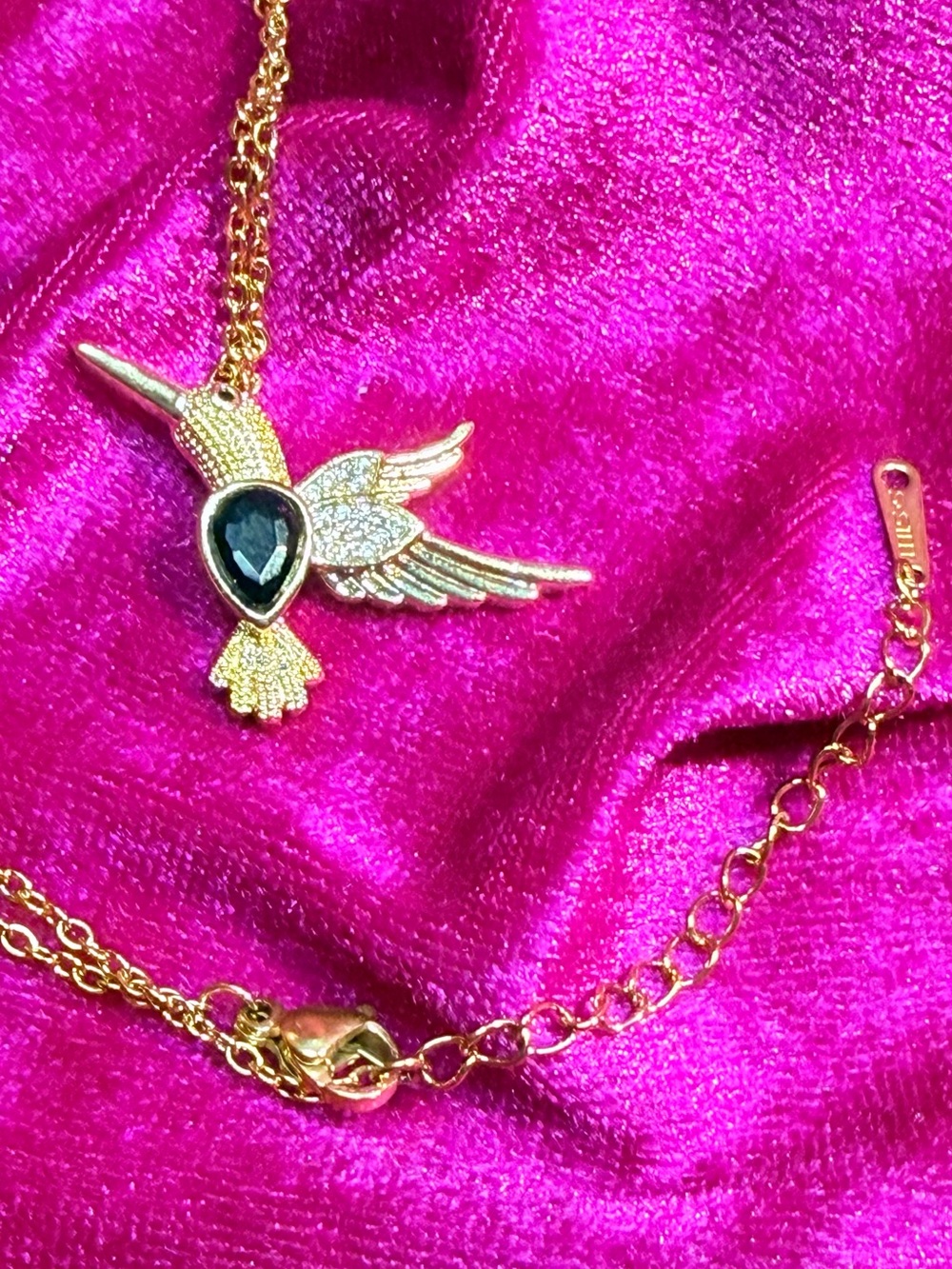 Gold Hummingbird Pendant Necklace with Black Gem and Pave’ wings